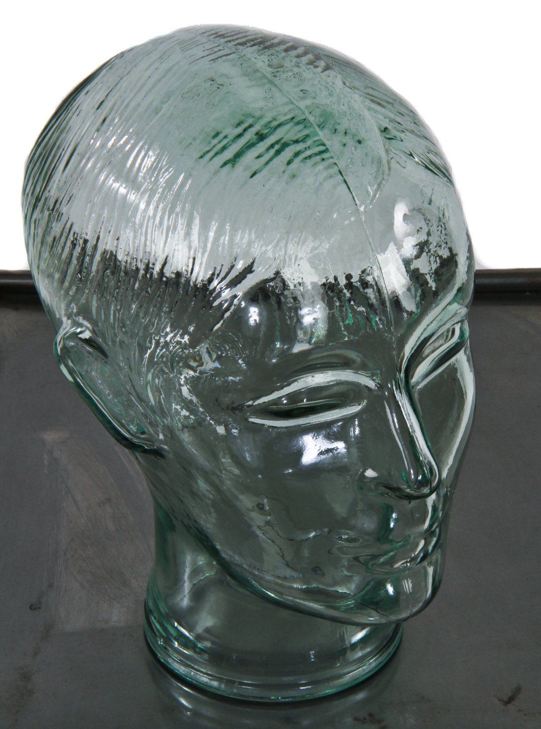 original and intact american made industrial greenish aqua colored pressed glass male mannequin head for wig or hat display