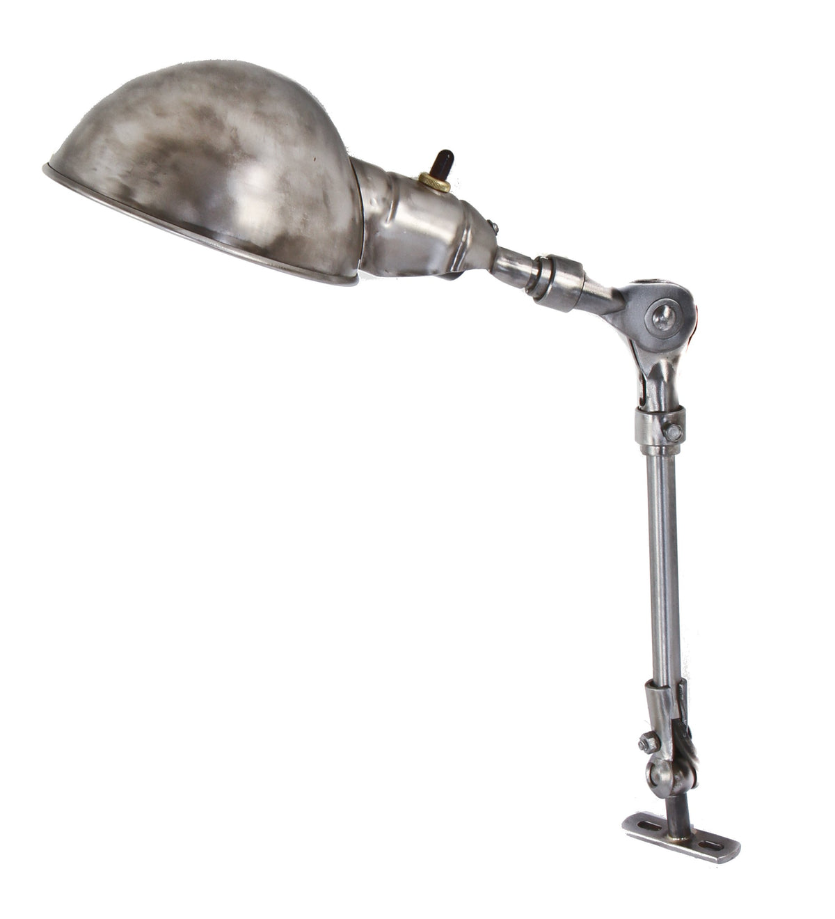 double-jointed single intact and fully functional refinished surface mount milwaukee factory machine shop task lamp with parabolic-shaped shade or reflector