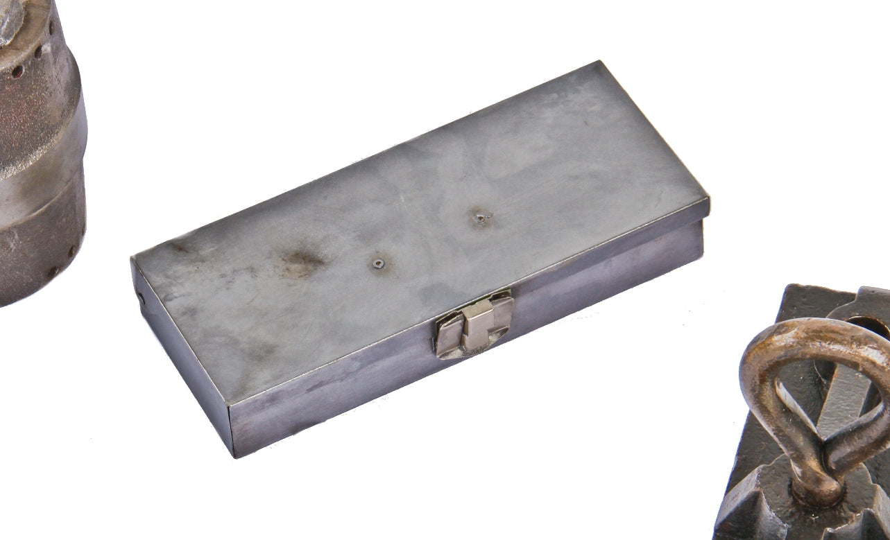 diminutive pressed and folded c. 1950's american industrial factory machine shop "small parts" hinged steel box with chrome hasp and a brushed and sanded finish