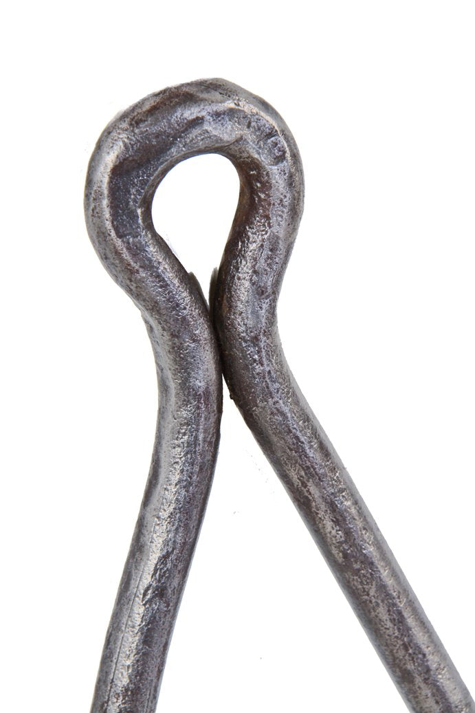 matching set of early 20th century oversized refinished solid wrought steel factory hoisting gambrels with uniform brushed metal finish