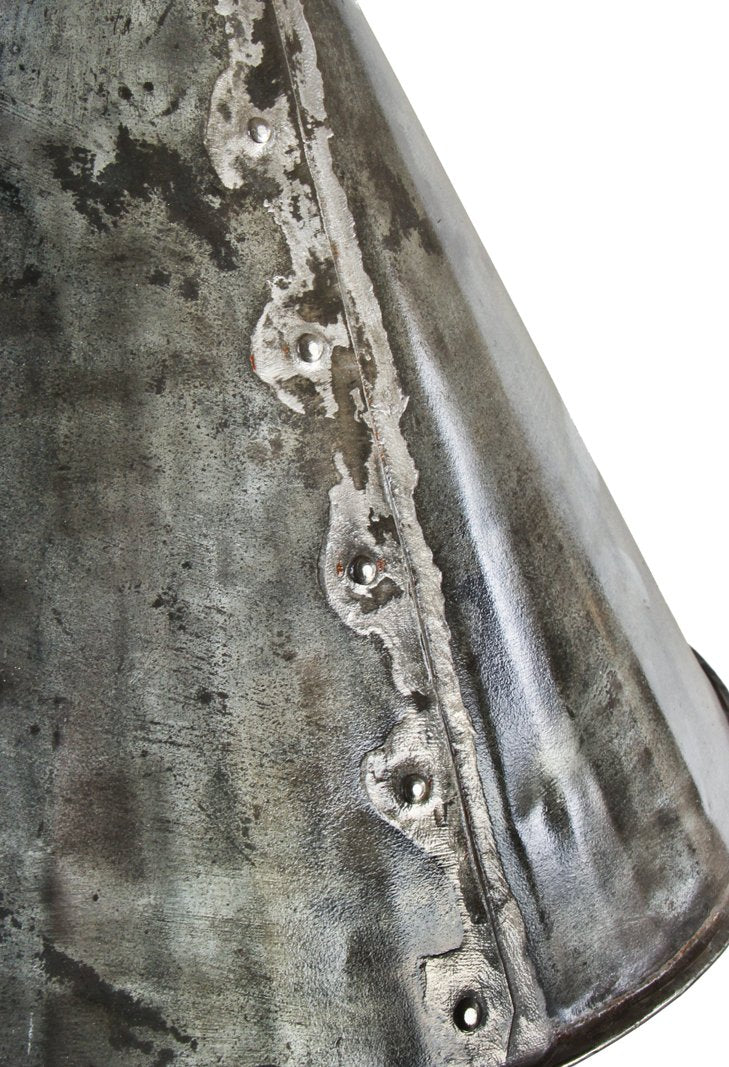 rare old american industrial primttive riveted joint heavy gauge sheet steel bi-conical- shaped mooring buoy with intact eyelets