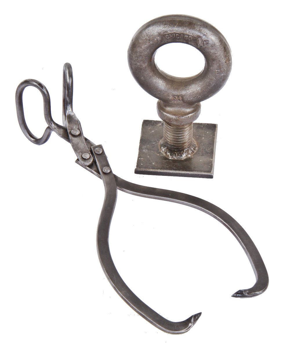 single pair of early 20th century antique american industrial fully functional brushed steel or forged iron ice block tongs with riveted joint center hinge