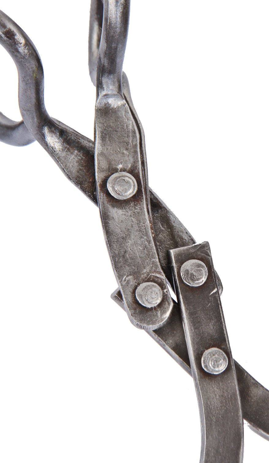 single pair of early 20th century antique american industrial fully functional brushed steel or forged iron ice block tongs with riveted joint center hinge