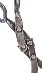 single pair of early 20th century antique american industrial fully functional brushed steel or forged iron ice block tongs with riveted joint center hinge