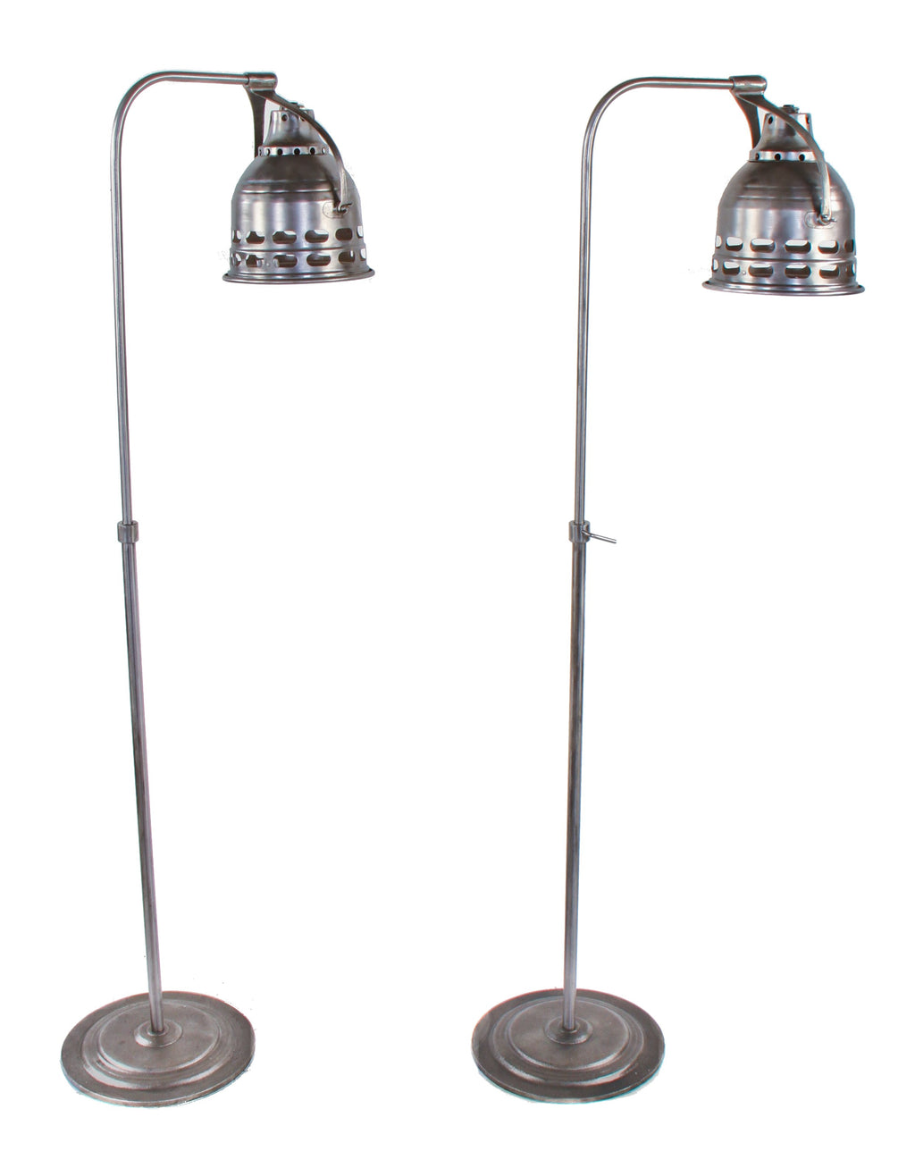 matching set of all original american c. 1940's adjustable height "mir-a-kal" ray bent tubular steel lamps with weighted circular-shaped bases