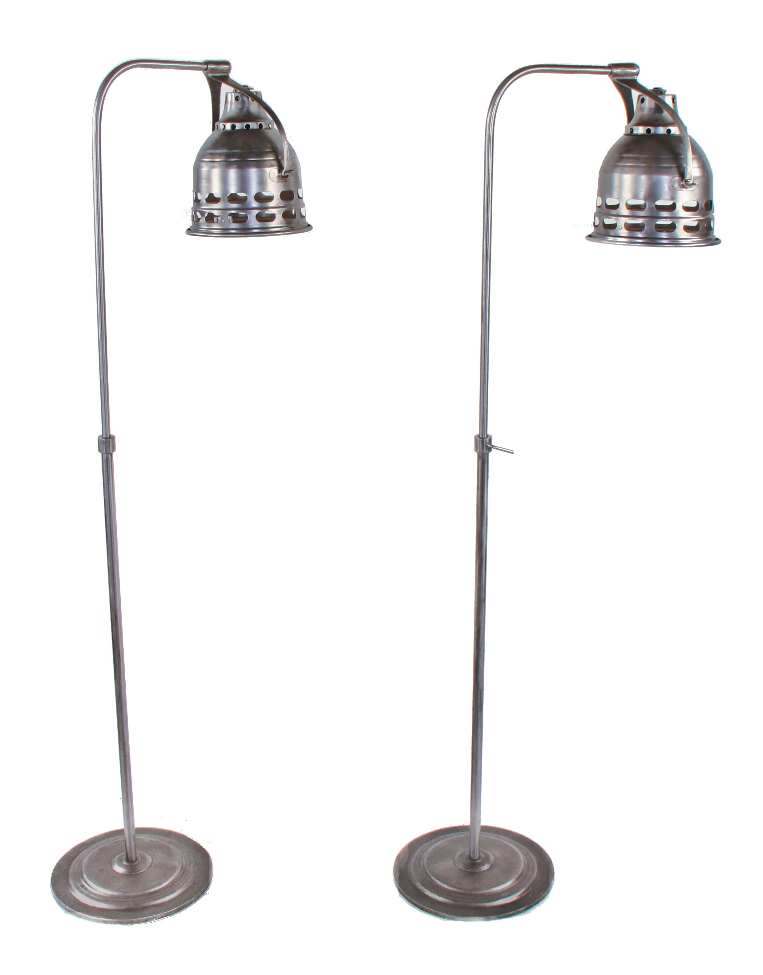 matching set of all original american c. 1940's adjustable height "mir-a-kal" ray bent tubular steel lamps with weighted circular-shaped bases