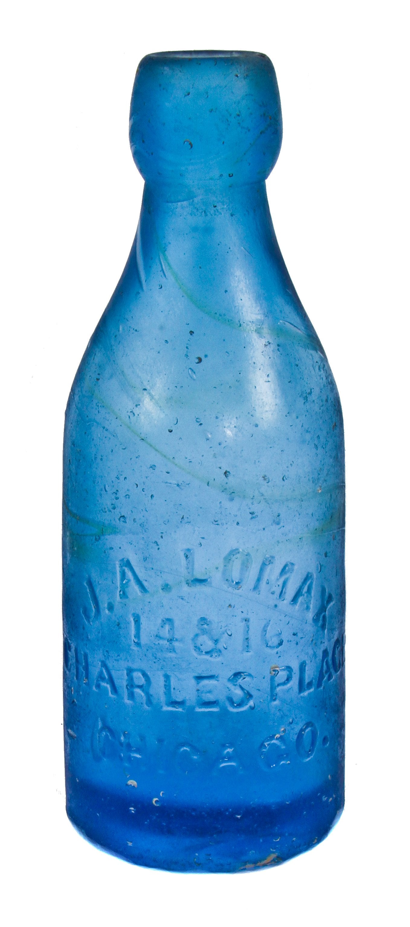 original and intact early 1870's richly colored deep cobalt blue  john a. lomax applied blobtop soda or mineral water privy dug glass bottle with embossed initials along the smooth base