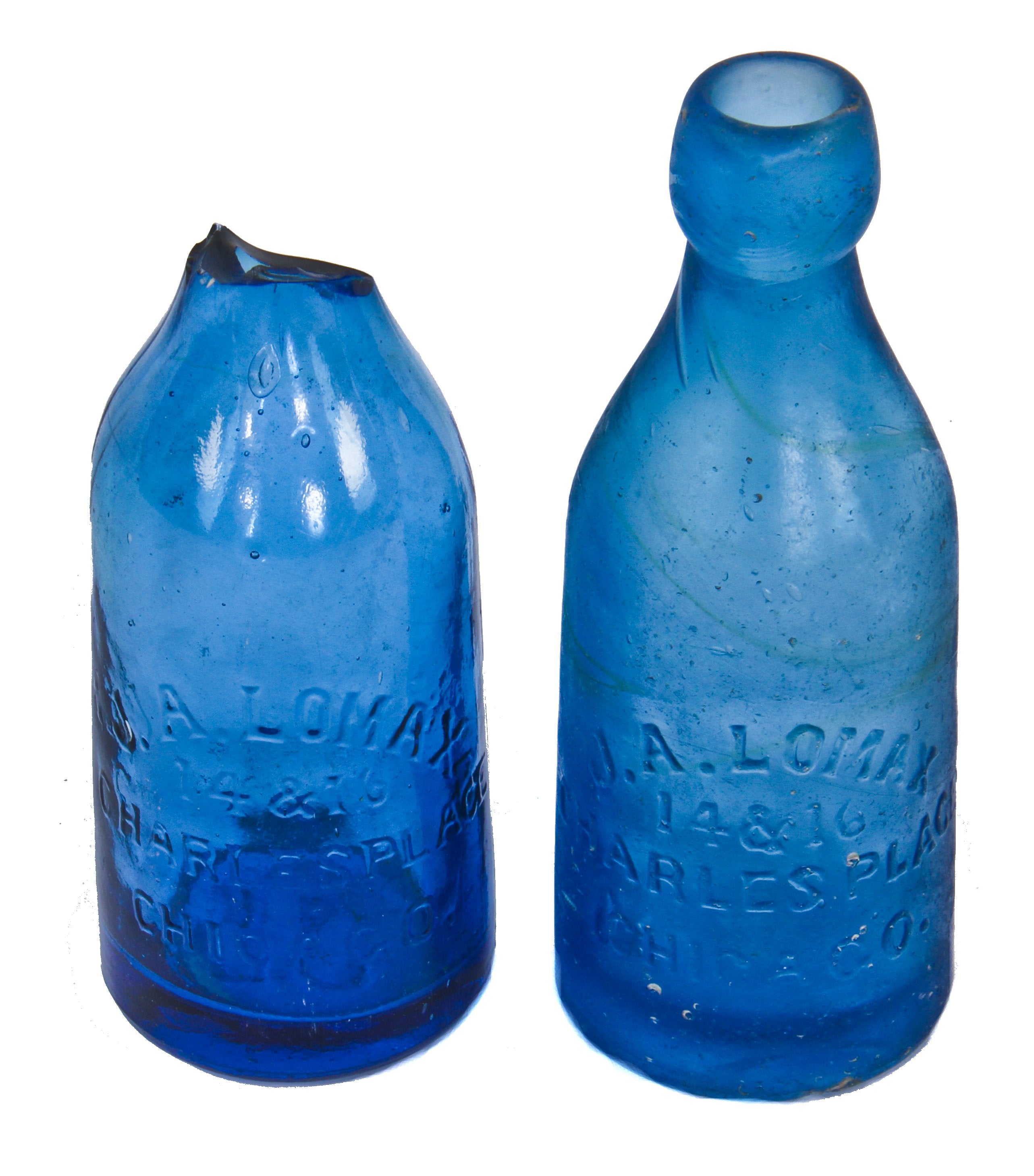 original and intact early 1870's richly colored deep cobalt blue  john a. lomax applied blobtop soda or mineral water privy dug glass bottle with embossed initials along the smooth base