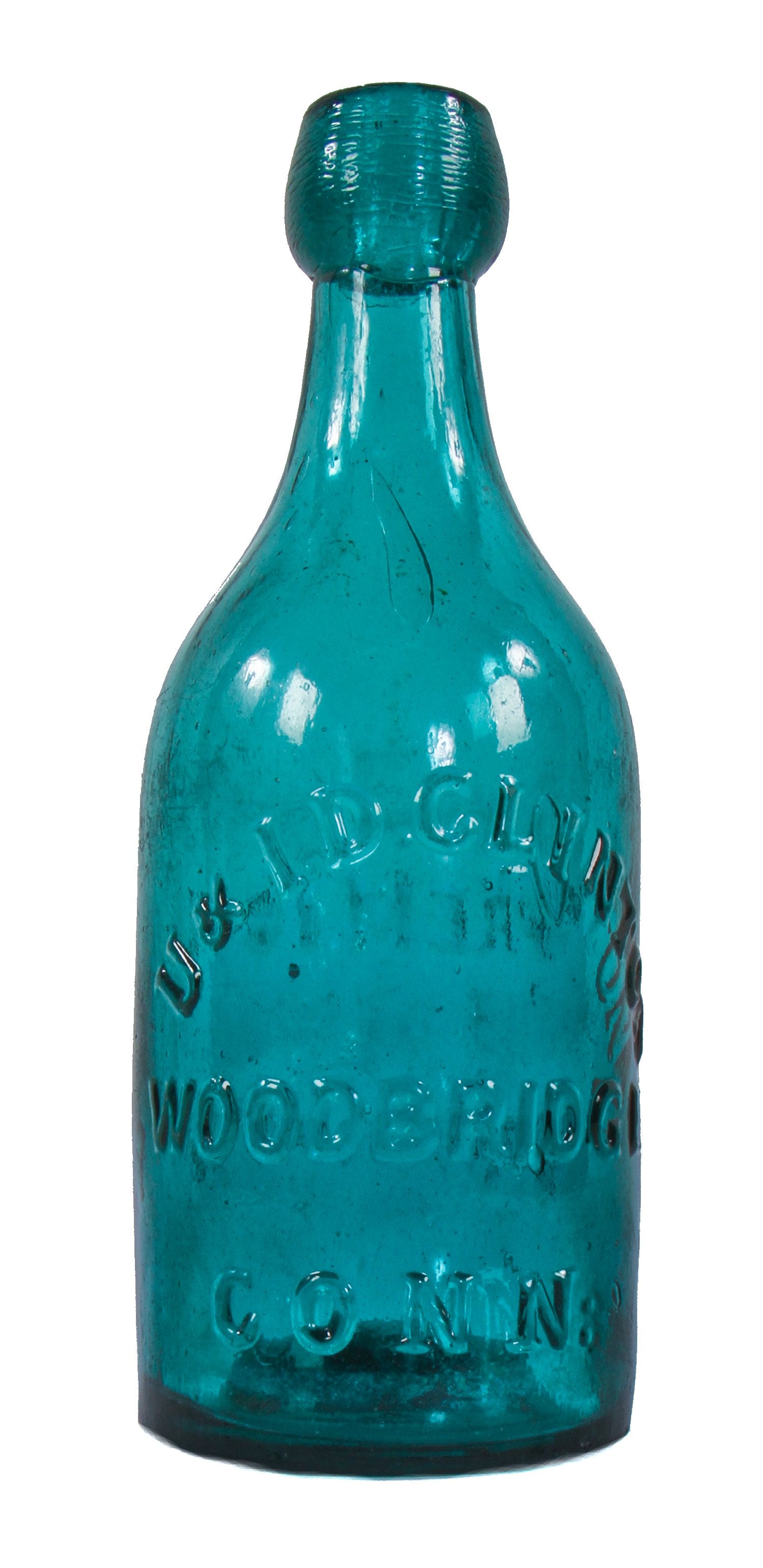 remarkably intact and all original c. 1850's american "premium soda water" richly colored blue-green glass iron pontil bottle with tapered blob top