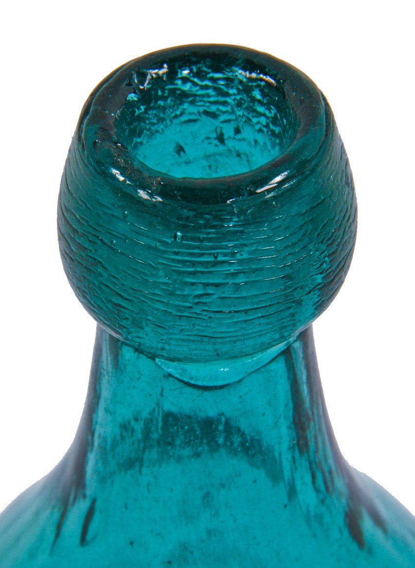 remarkably intact and all original c. 1850's american "premium soda water" richly colored blue-green glass iron pontil bottle with tapered blob top