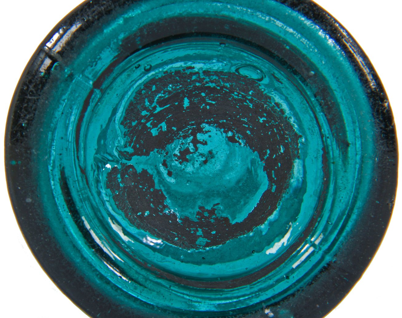 remarkably intact and all original c. 1850's american "premium soda water" richly colored blue-green glass iron pontil bottle with tapered blob top