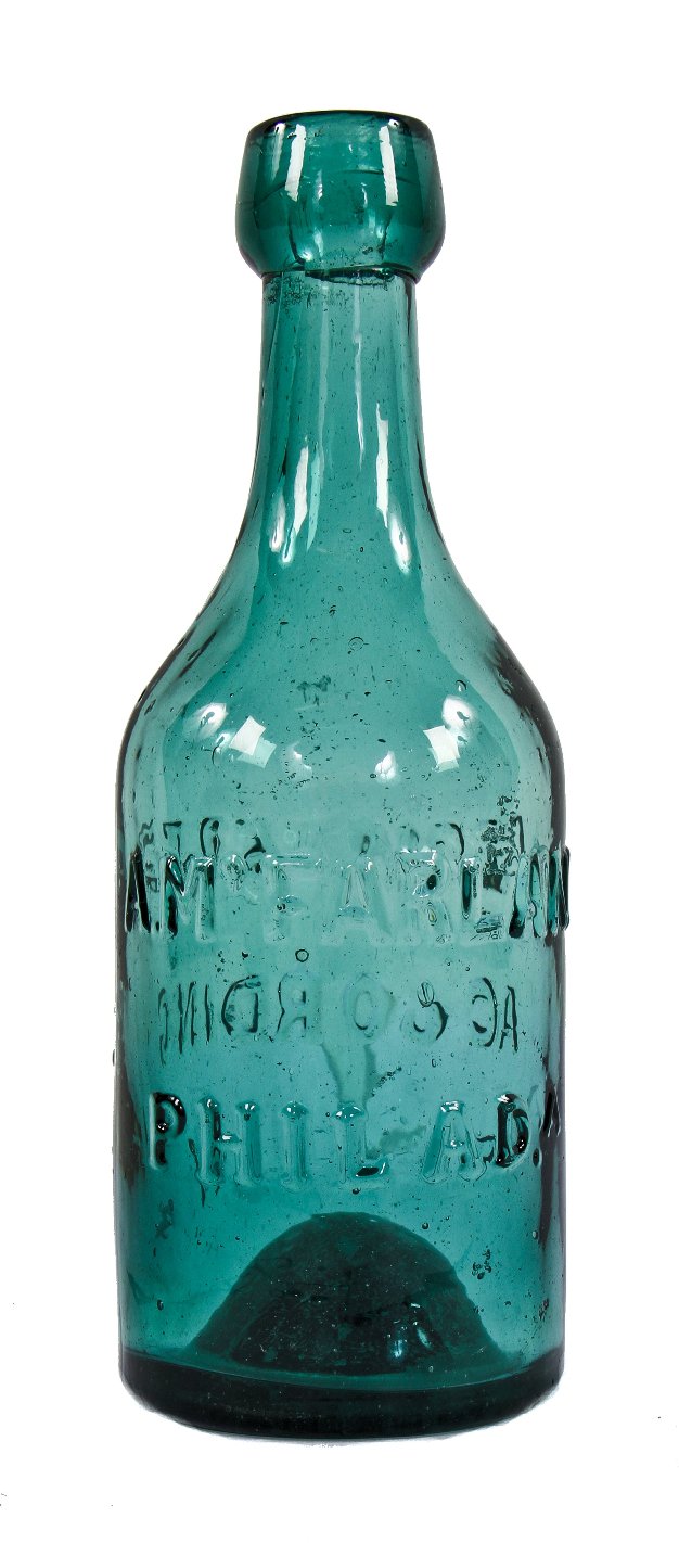 original 1845-1855 antique american philadelphia privy dug a. mcfarland teal green iron pontil soda or mineral water two-leaf mold glass bottle with blob top or collar