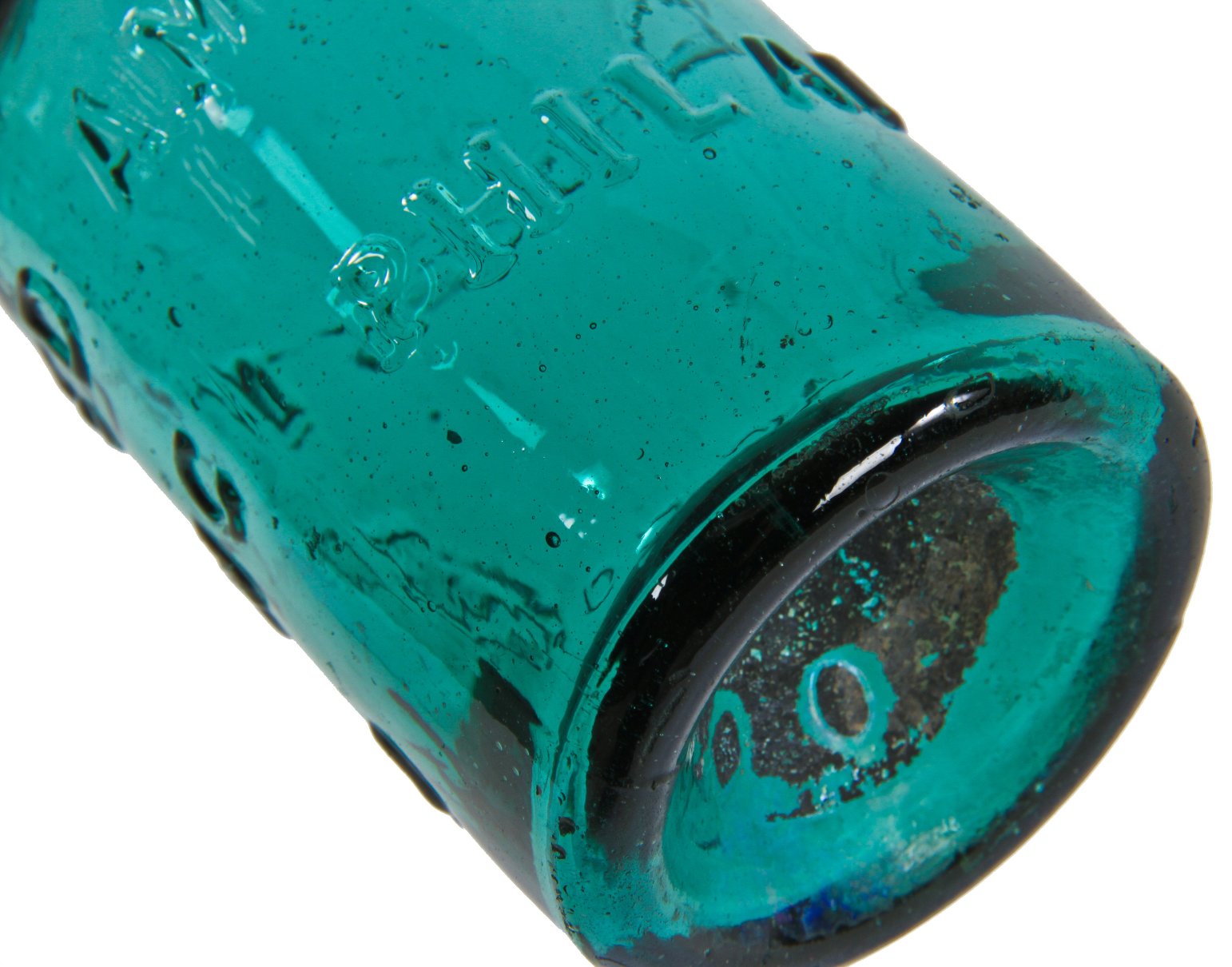 original 1845-1855 antique american philadelphia privy dug a. mcfarland teal green iron pontil soda or mineral water two-leaf mold glass bottle with blob top or collar