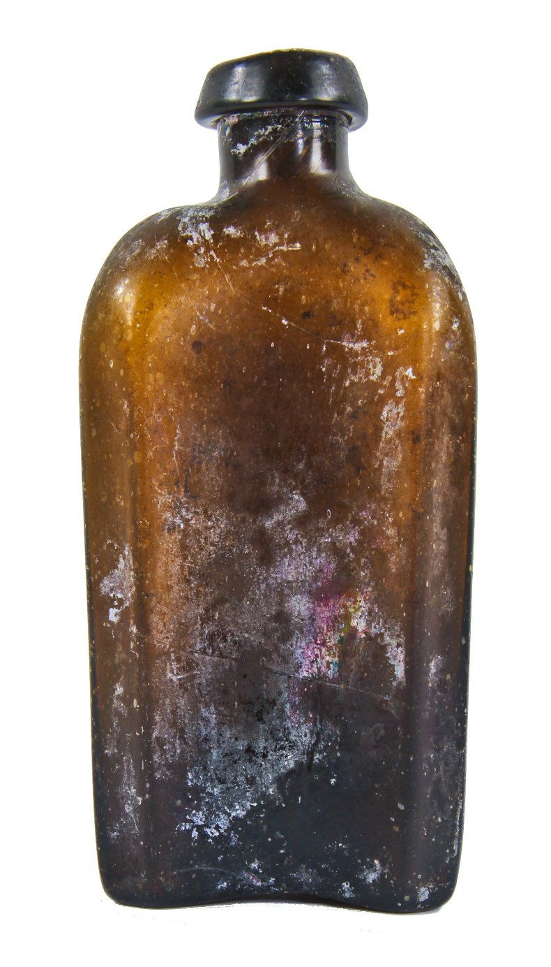 very rare and original antique american 1830's strikingly crude dark olive amber open-pontiled utility bottle with applied collar discovered in a baltimore privy vault