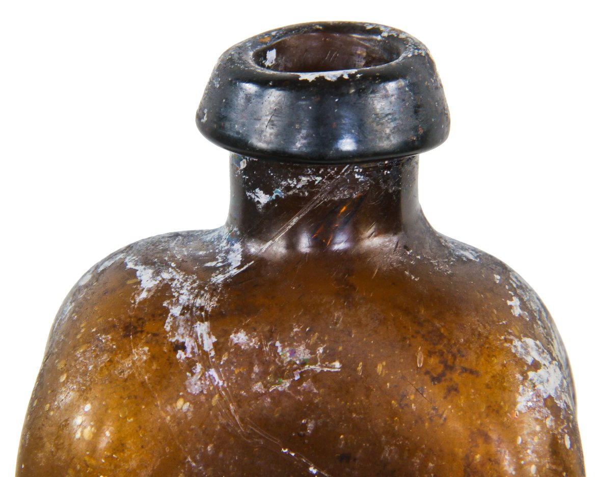 very rare and original antique american 1830's strikingly crude dark olive amber open-pontiled utility bottle with applied collar discovered in a baltimore privy vault