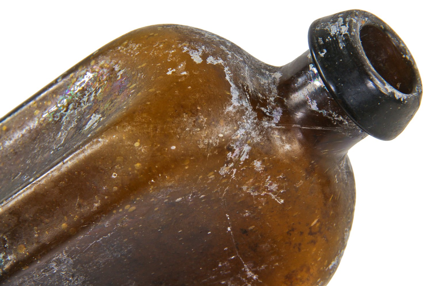 very rare and original antique american 1830's strikingly crude dark olive amber open-pontiled utility bottle with applied collar discovered in a baltimore privy vault