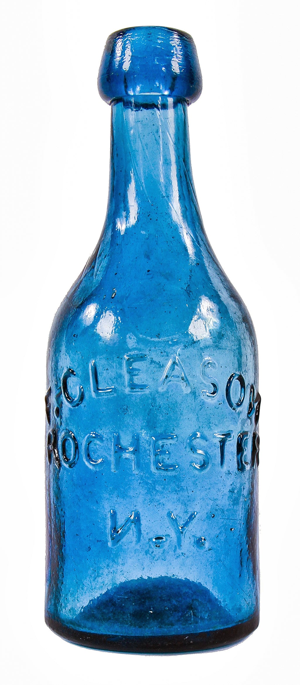 original mid-nineteenth century crude vibrant sapphire blue soda or mineral water blobtop bottle with backwards lettering manufactured for f. gleason in rochester