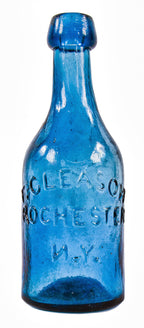 original mid-nineteenth century crude vibrant sapphire blue soda or mineral water blobtop bottle with backwards lettering manufactured for f. gleason in rochester