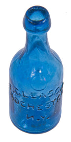 original mid-nineteenth century crude vibrant sapphire blue soda or mineral water blobtop bottle with backwards lettering manufactured for f. gleason in rochester