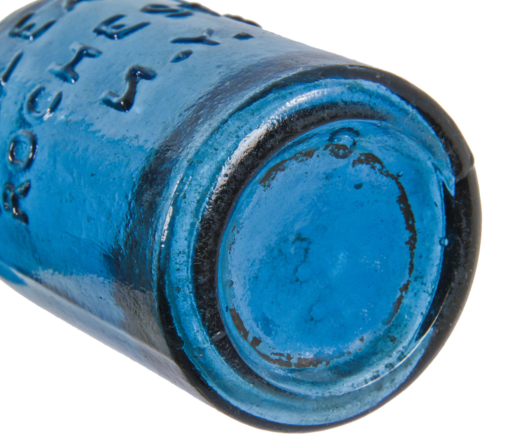 original mid-nineteenth century crude vibrant sapphire blue soda or mineral water blobtop bottle with backwards lettering manufactured for f. gleason in rochester