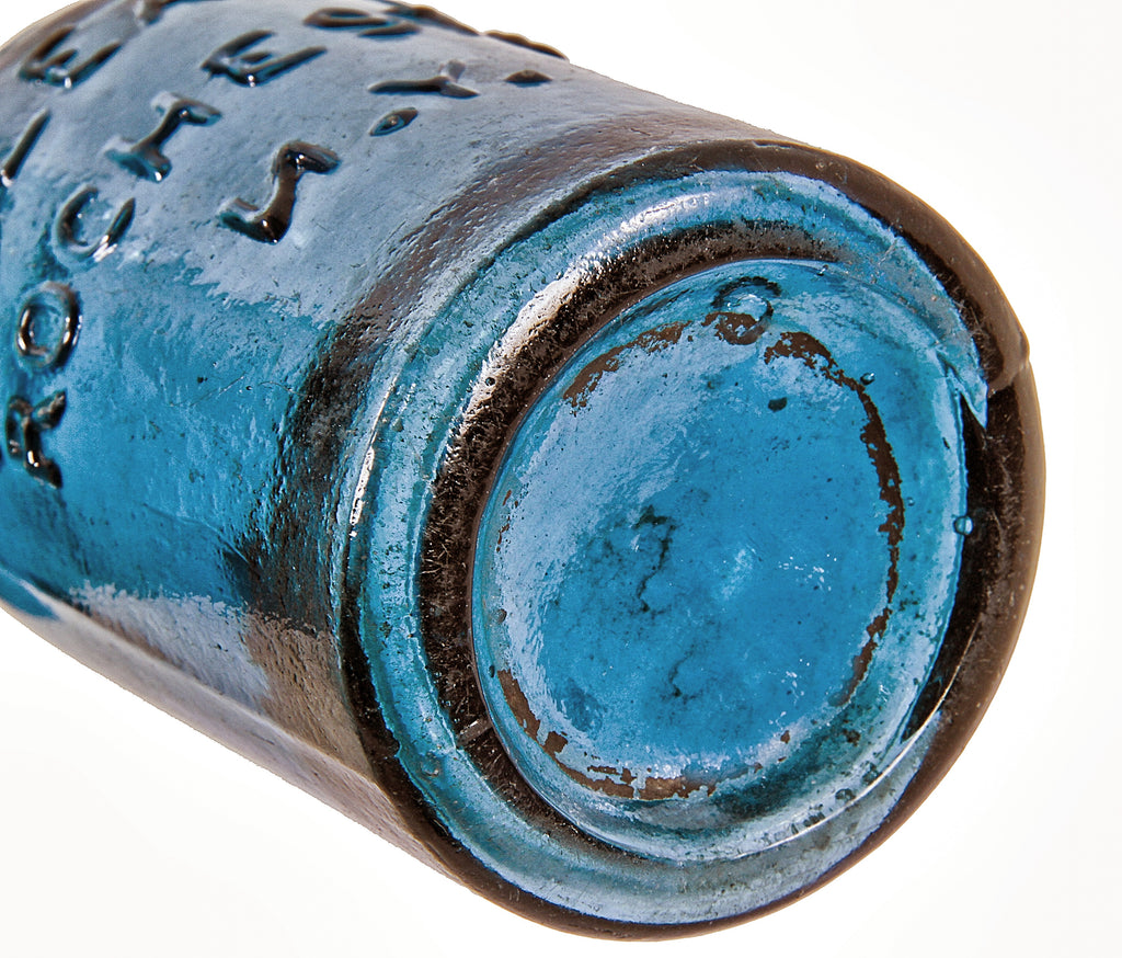original mid-nineteenth century crude vibrant sapphire blue soda or mineral water blobtop bottle with backwards lettering manufactured for f. gleason in rochester