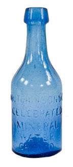 rare and original early 1850's  light cobalt blue mineral water bottle manufactured for chicago bottler william h. hutchinson.