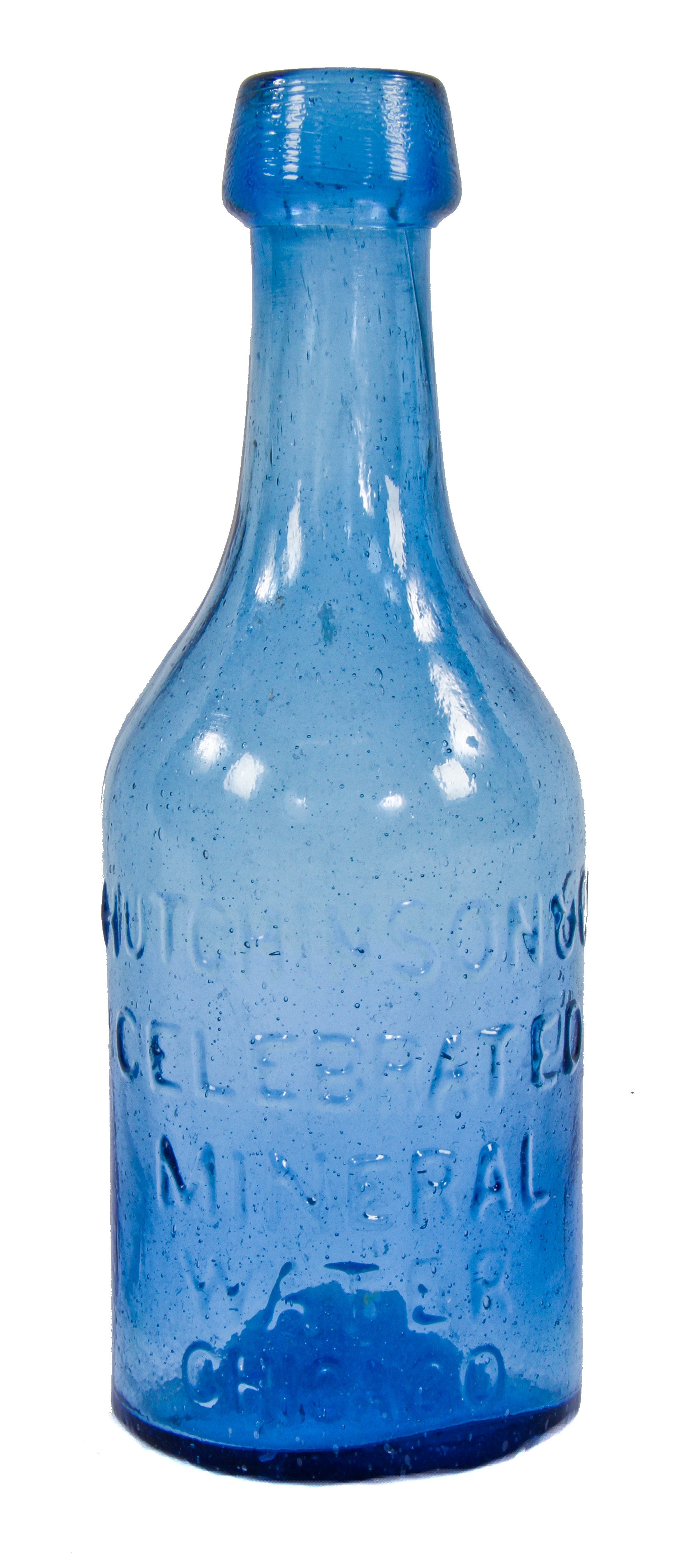 rare and original early 1850's  light cobalt blue mineral water bottle manufactured for chicago bottler william h. hutchinson.