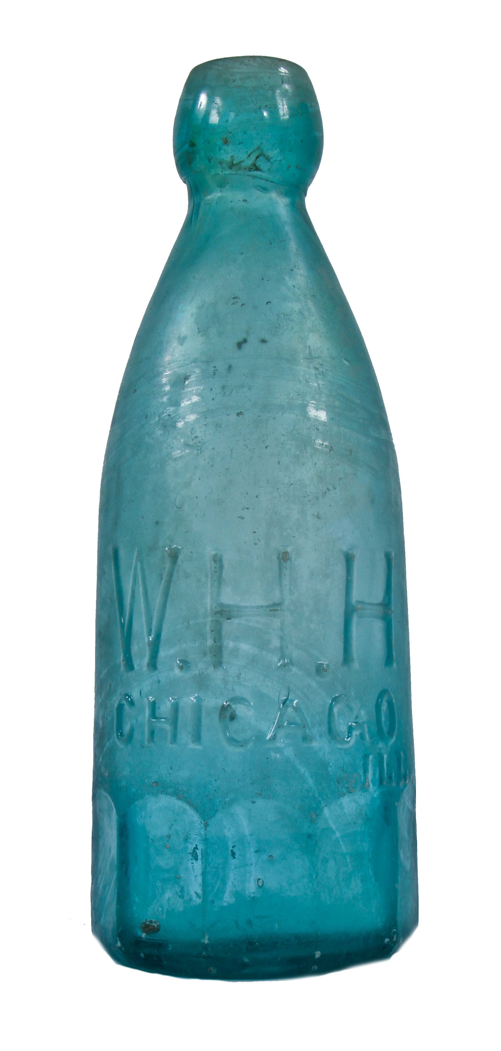 early 1860's antique american single chicago privy dug cobalt blue glass "blob top" mug style william h. hutchinson soda or mineral water bottle