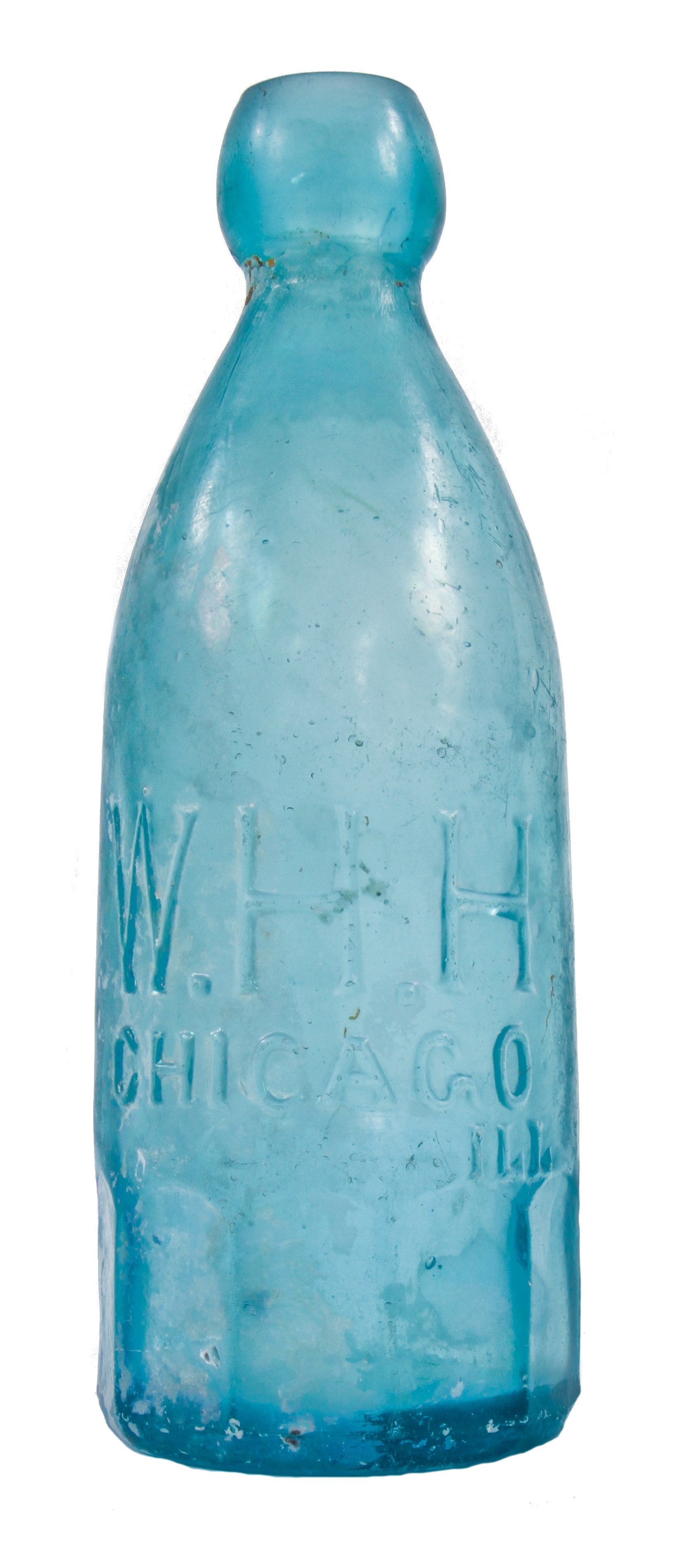 original and intact 1860's blue blobtop gravitating soda bottle with mug base manufactured for chicago bottler william henry hutchinson