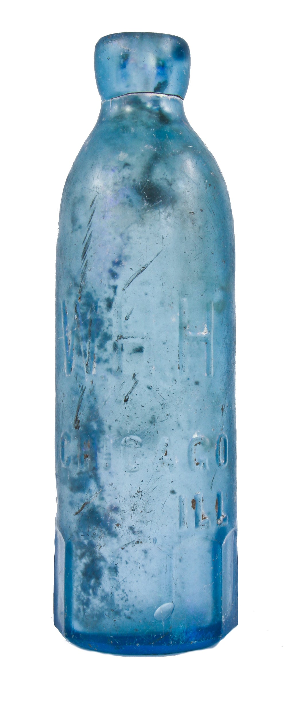 mid-nineteenth century privy dug cobalt blue w.h.h. glass "blob top" soda or mineral water bottle fabricated by the william mccully glass works of pittsburgh, pa.
