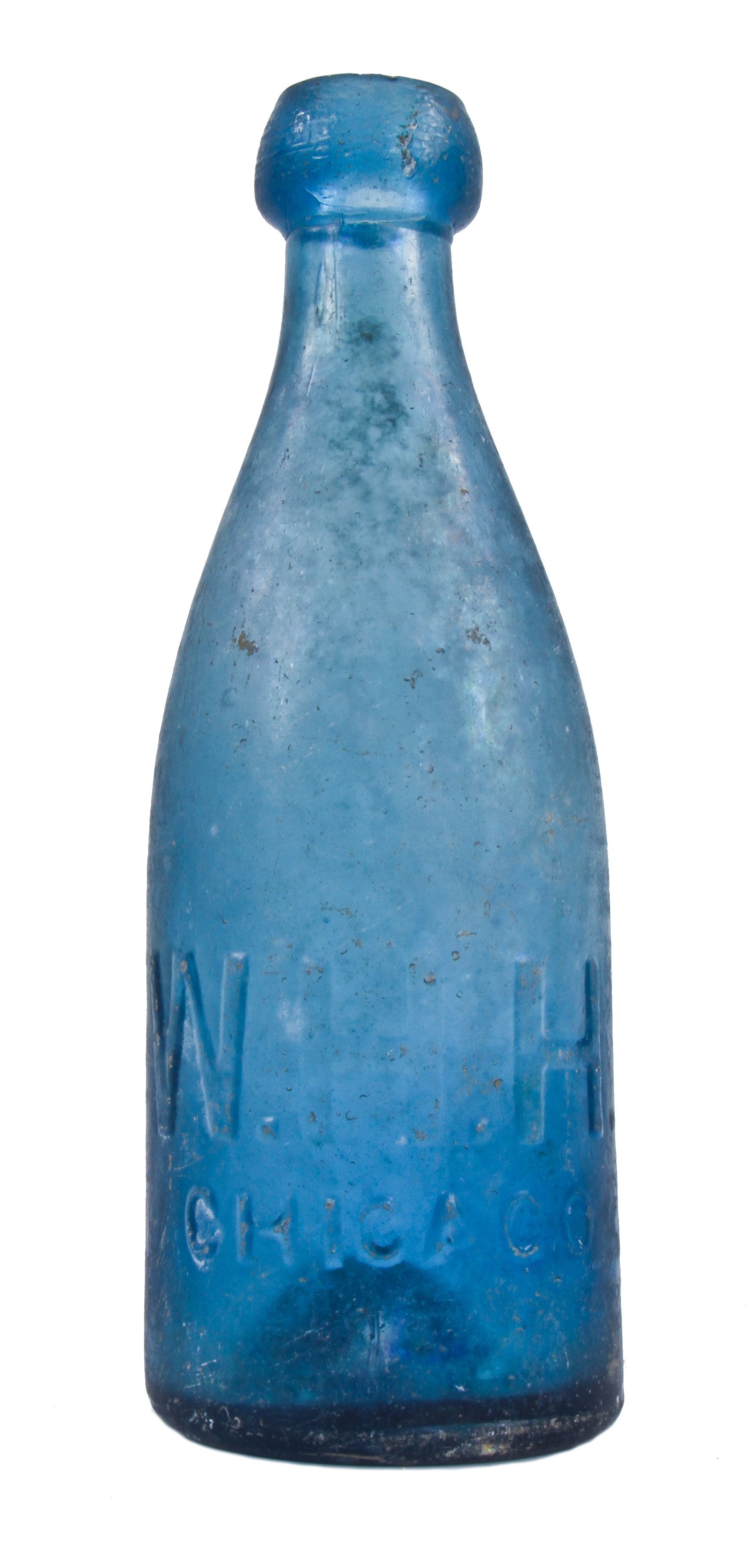 rare late 1850's original and intact cobalt blue blobtop soda bottle manufactured for chicago bottler william henry hutchinson in pittsburgh, pa.