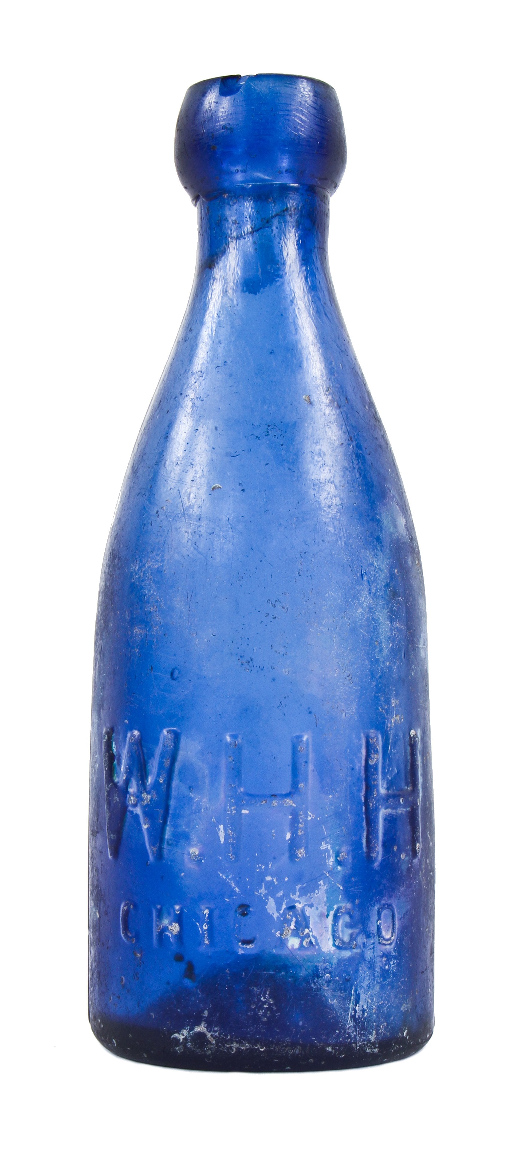 original c. 1855-59 largely intact privy dug low-shouldered iron-pontiled cobalt blue glass "w.h.h." mineral or soda water bottle fabricated for william henry hutchinson in chicago, il.