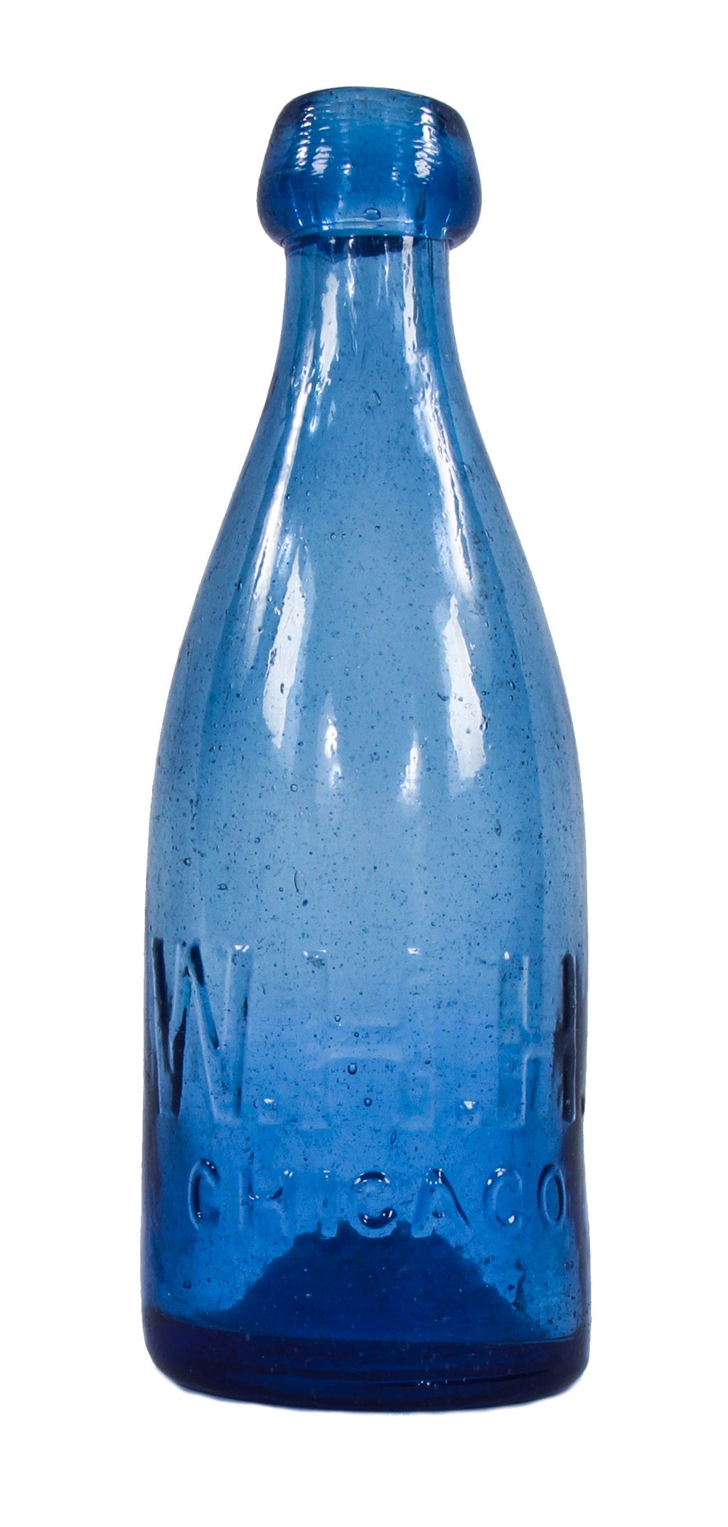 collectible rare late 1850's original and intact cobalt blue blobtop soda bottle manufactured for chicago bottler william henry hutchinson in pittsburgh, pa.