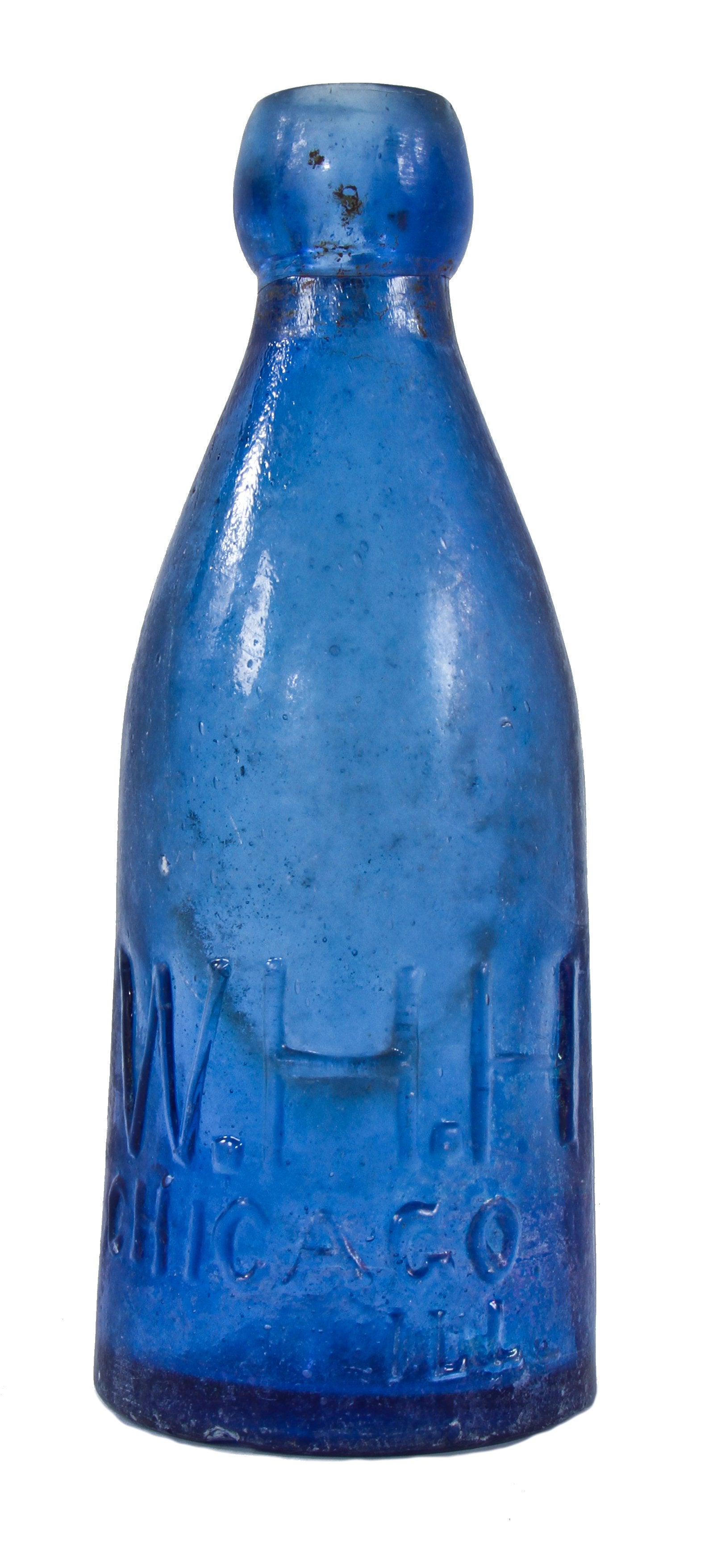 original privy dug c. 1850's-1860's intact iron-pontiled cobalt blue glass "w.h.h." mineral or soda water bottle fabricated for william h. hutchinson in chicago, il.