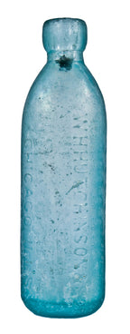 original chicago privy dug c. 1876-1878 "w.h.h." deep blue aqua applied blob top glass mineral water bottle with semi-round base