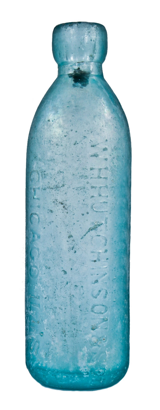 original chicago privy dug c. 1876-1878 "w.h.h." deep blue aqua applied blob top glass mineral water bottle with semi-round base