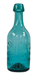 mid-nineteenth century vibrant blue-green privy dug antique american iron-pontiled soda bottle with tapered blobtop manufactured for new york bottler john tweddle jr