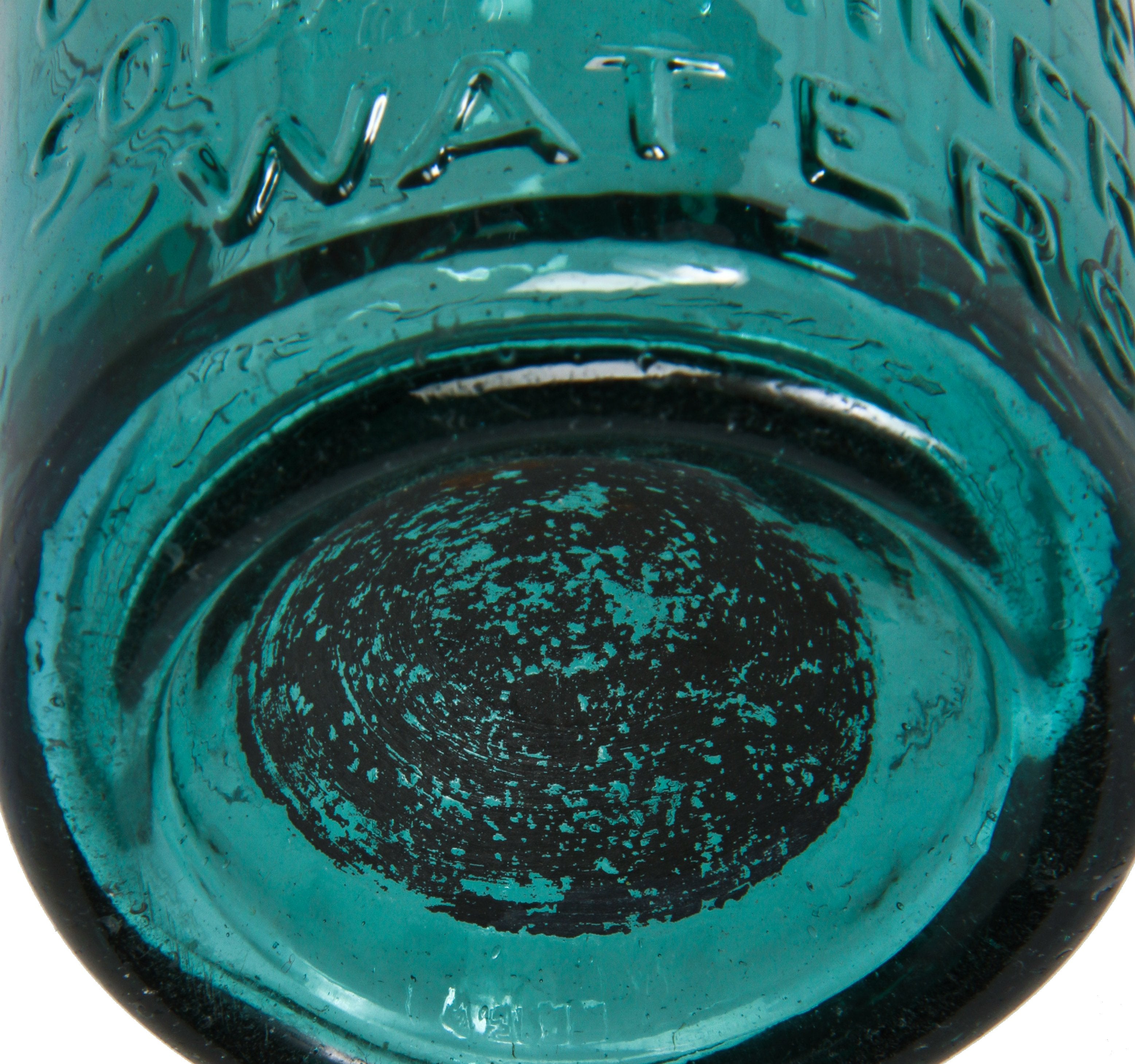 mid-nineteenth century vibrant blue-green privy dug antique american iron-pontiled soda bottle with tapered blobtop manufactured for new york bottler john tweddle jr