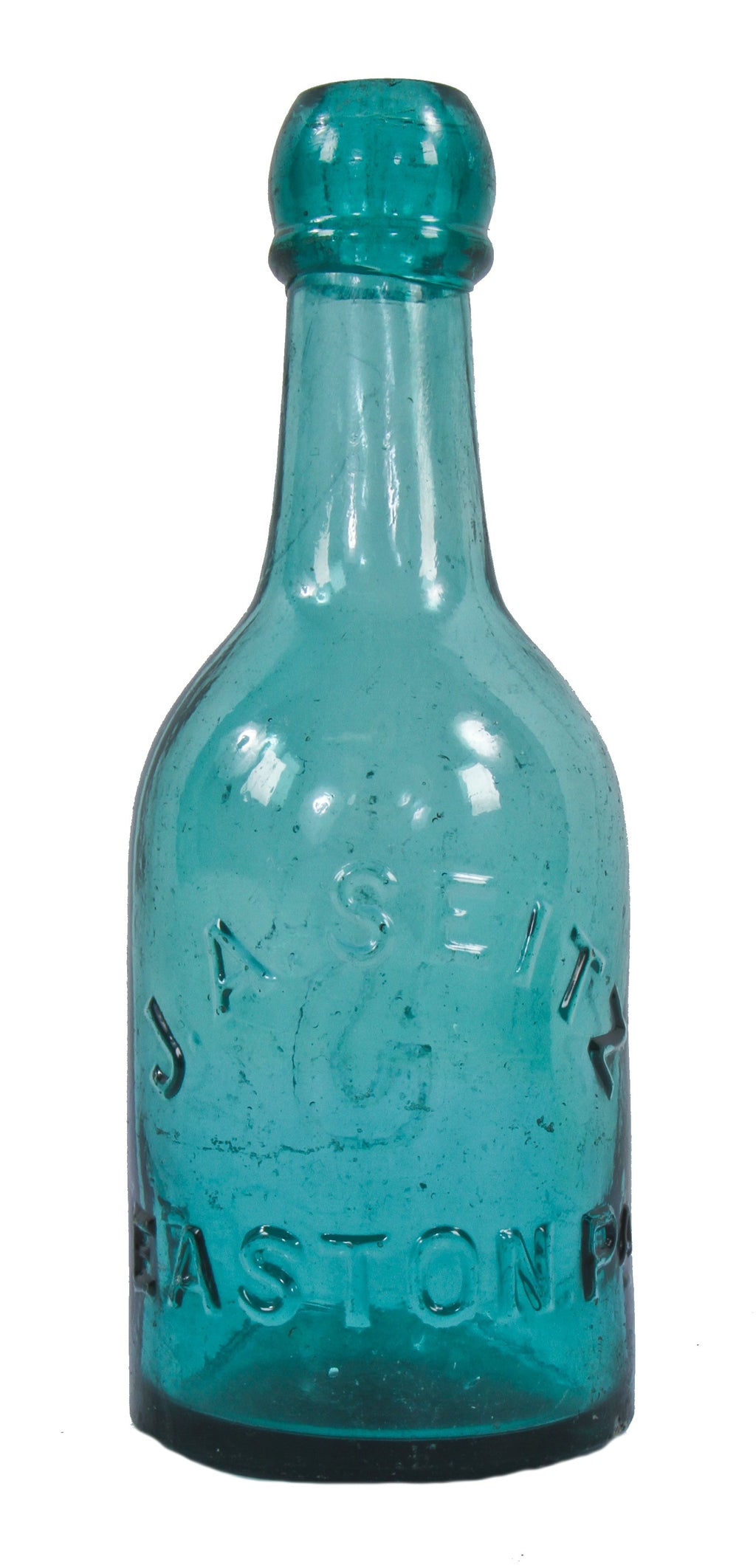 rare original mid-nineteenth century medium blue green porter shaped bottle finished with an unusual intact blob top and ring manufactured by pennsylvania area glassworks for john a. seitz.