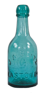 rare original mid-nineteenth century medium blue green porter shaped bottle finished with an unusual intact blob top and ring manufactured by pennsylvania area glassworks for john a. seitz.