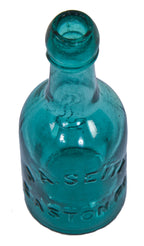 rare original mid-nineteenth century medium blue green porter shaped bottle finished with an unusual intact blob top and ring manufactured by pennsylvania area glassworks for john a. seitz.