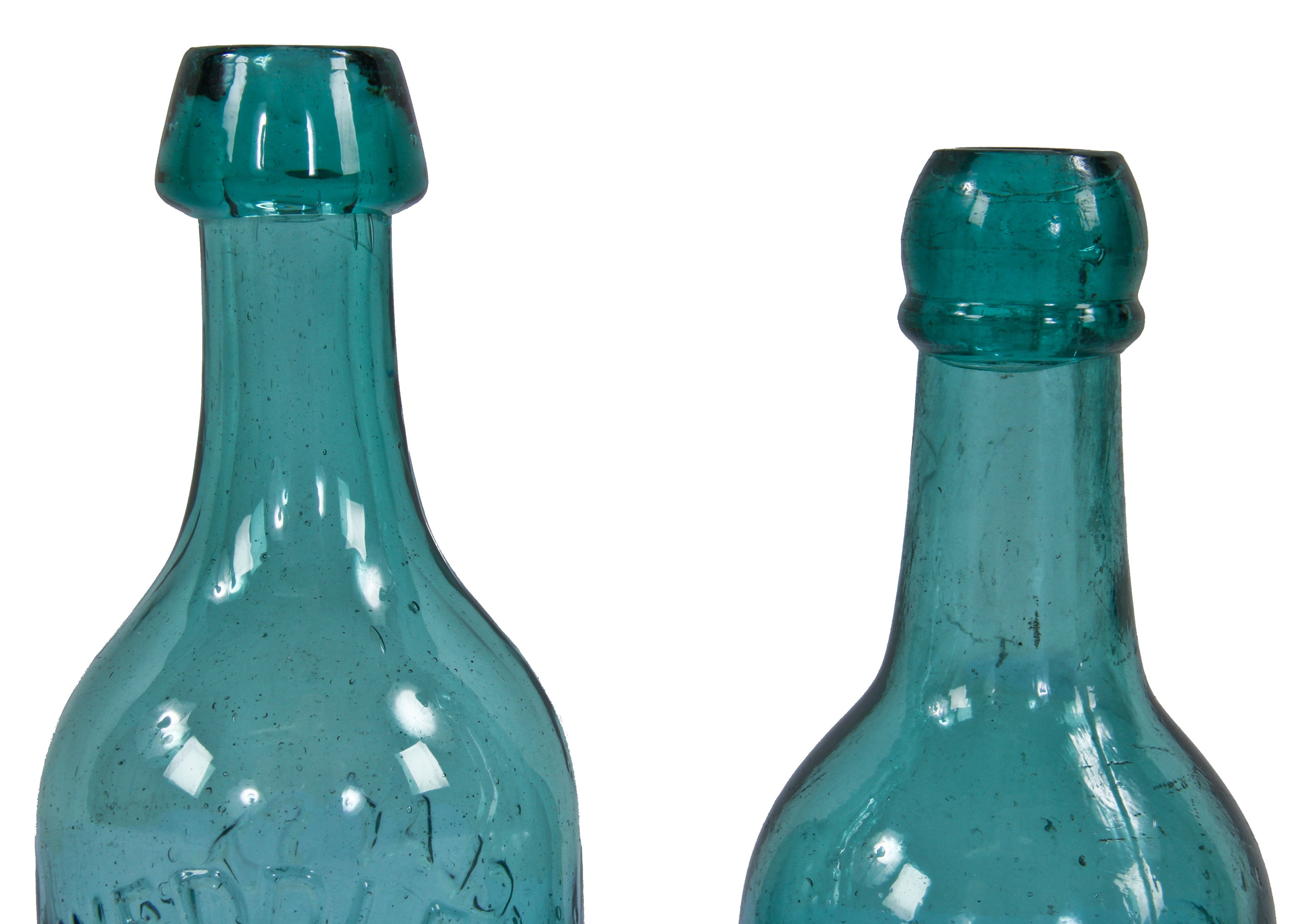 rare original mid-nineteenth century medium blue green porter shaped bottle finished with an unusual intact blob top and ring manufactured by pennsylvania area glassworks for john a. seitz.