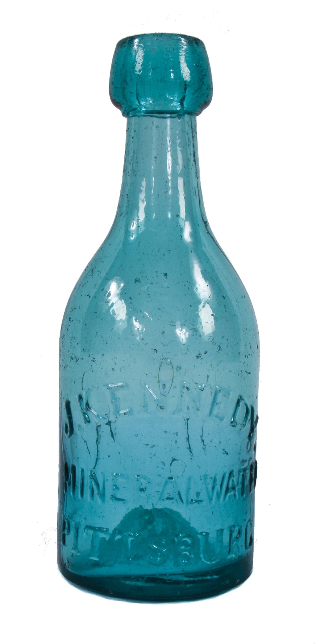 original c. 1850-1855 antique american blue aqua glass j. kennedy tapered blob top mineral water mouth-blown molded bottle with iron pontil base