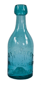original c. 1850-1855 antique american blue aqua glass j. kennedy tapered blob top mineral water mouth-blown molded bottle with iron pontil base