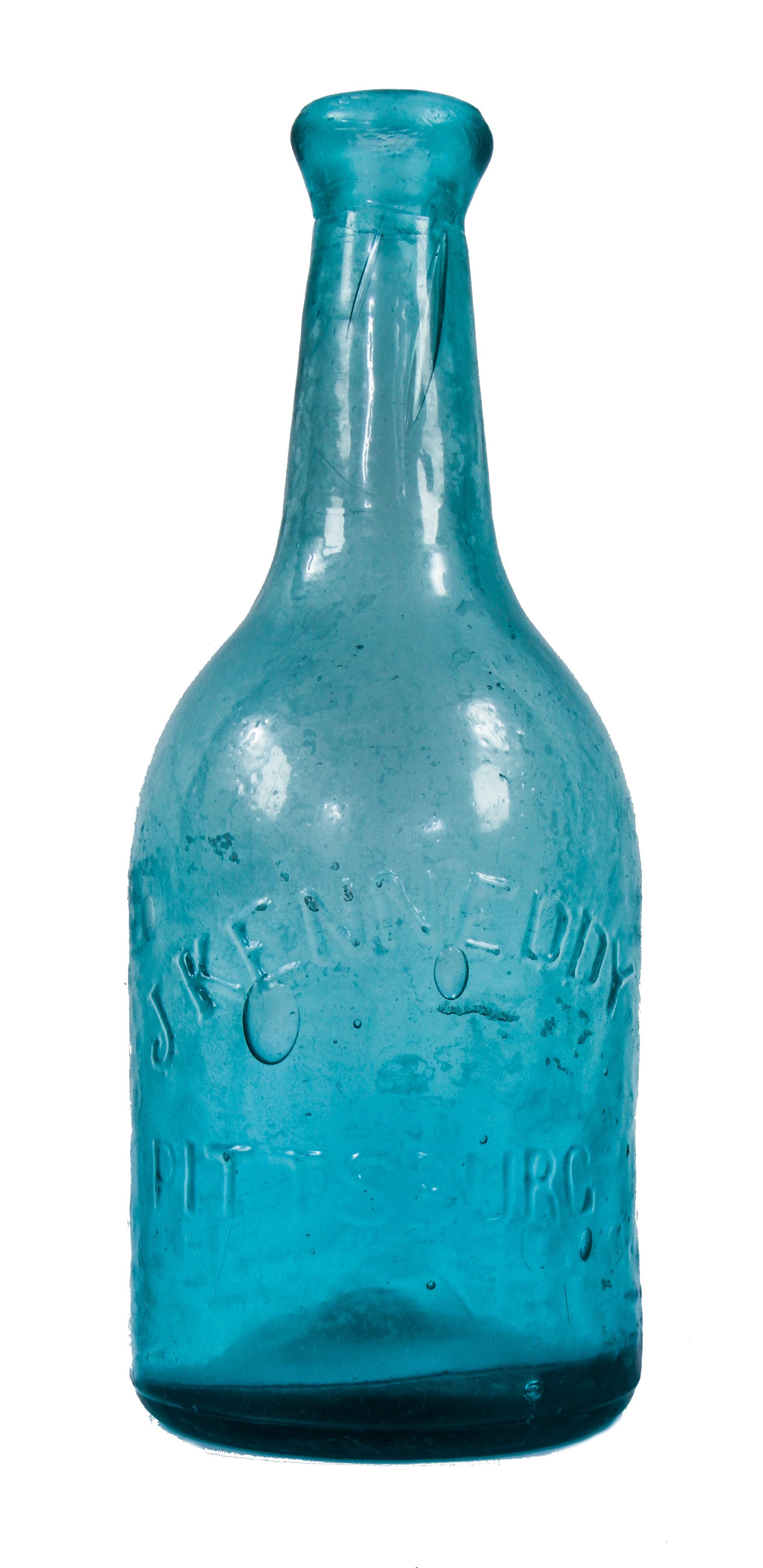 original and intact mid-nineteenth century dug pontiled teal porter style soda bottle manufactured for pittsburgh bottler joseph kennedy