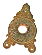 original late 1870's american victorian era ornamental cast bronze triangular-shaped cast bronze oversized doorknob rosette from an entrance door lockset