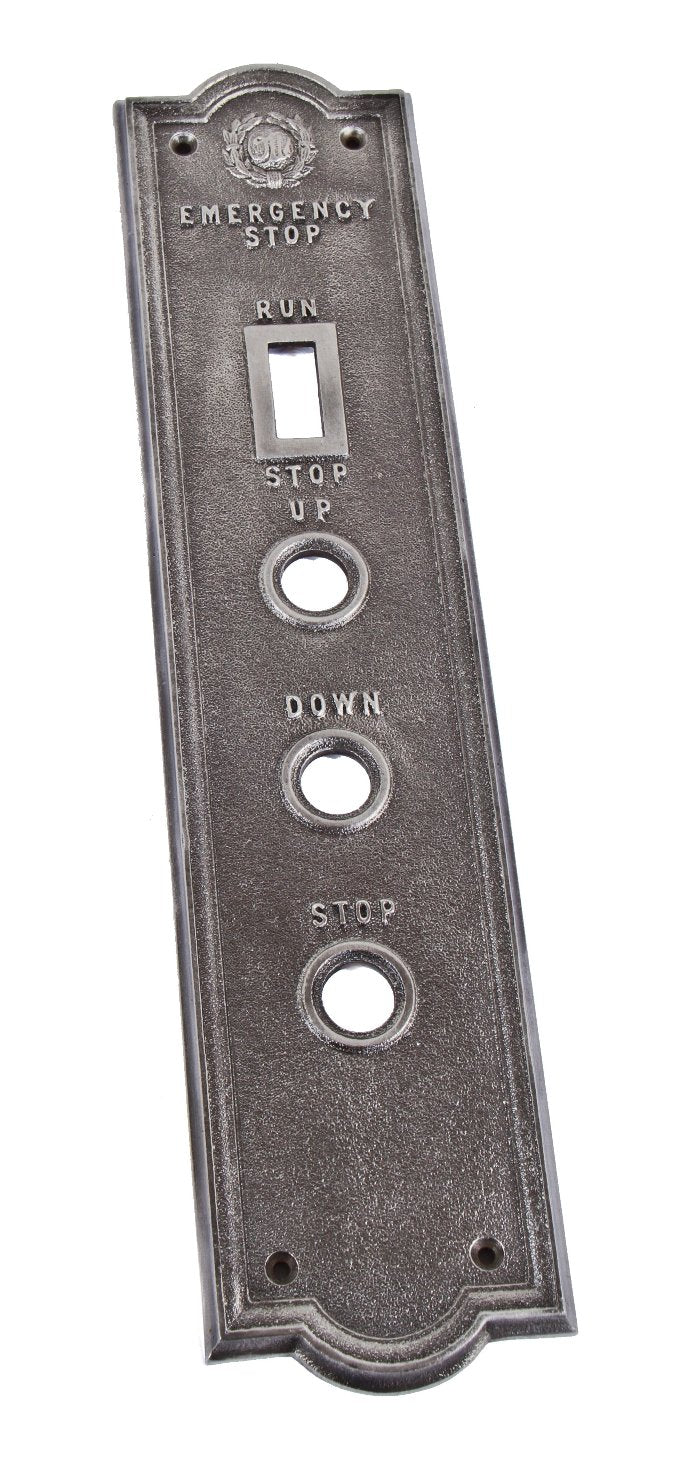 refinished early 20th century antique american industrial unornamented cast iron otis freight elevator car or cab control panel with world globe emblem