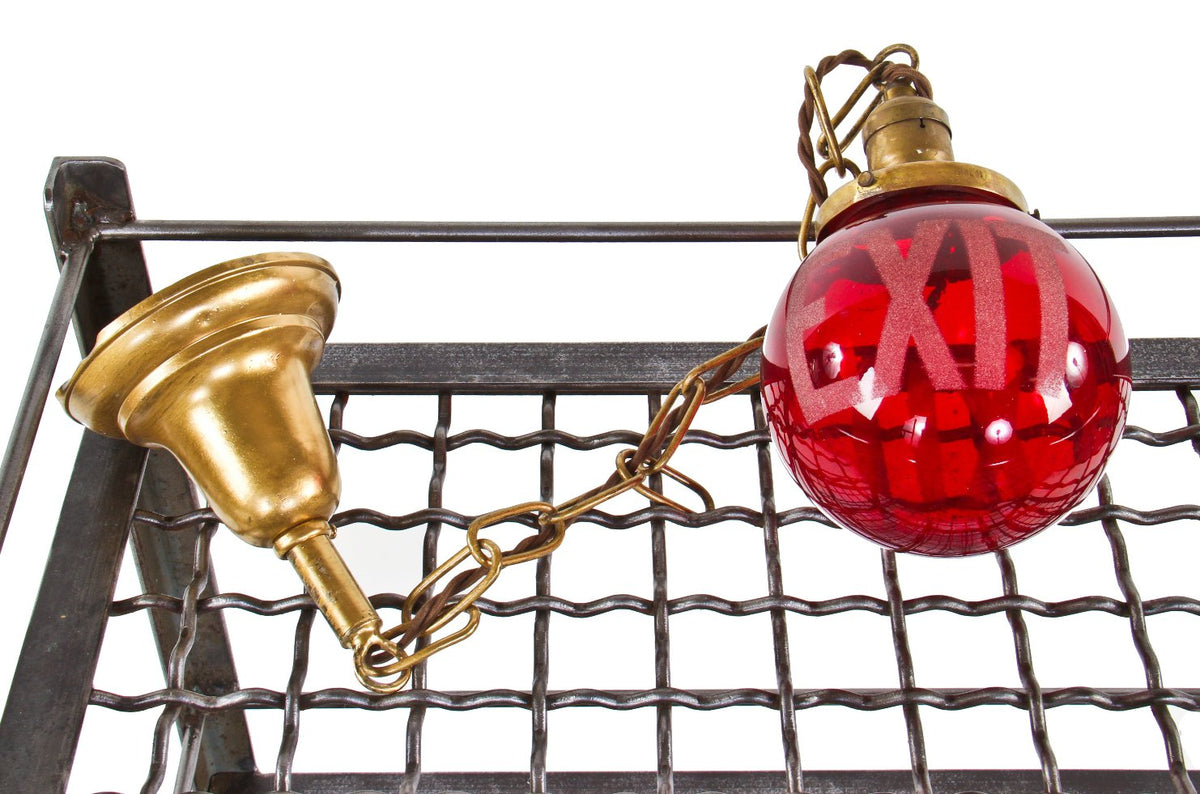rewired c. 1910-20 original antique american single electric chicago public school building ruby red glass pendant exit light with double-sided etched lettering