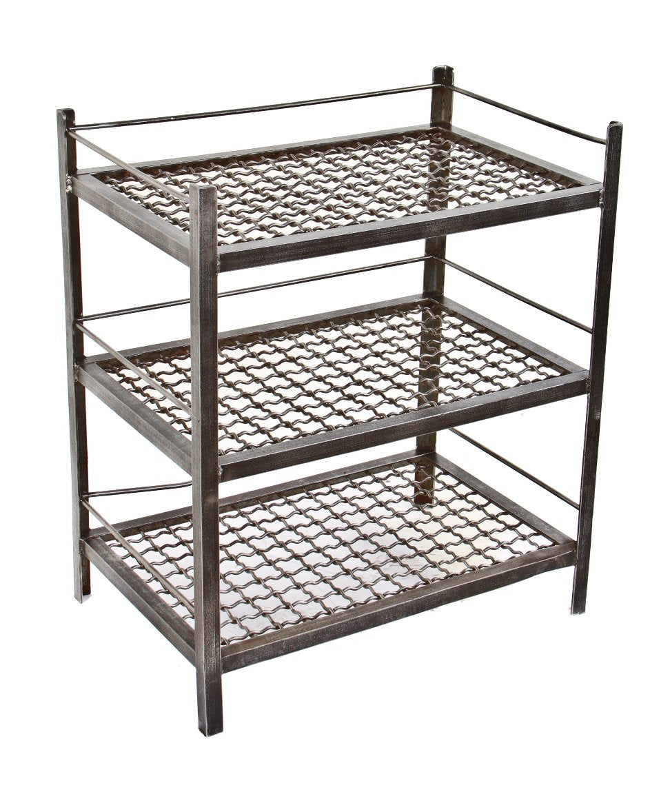 unusual late 1920's american antique industrial three-tier welded joint stationary rack or stand with heavy gauge corrugated wire shelves and rail guards