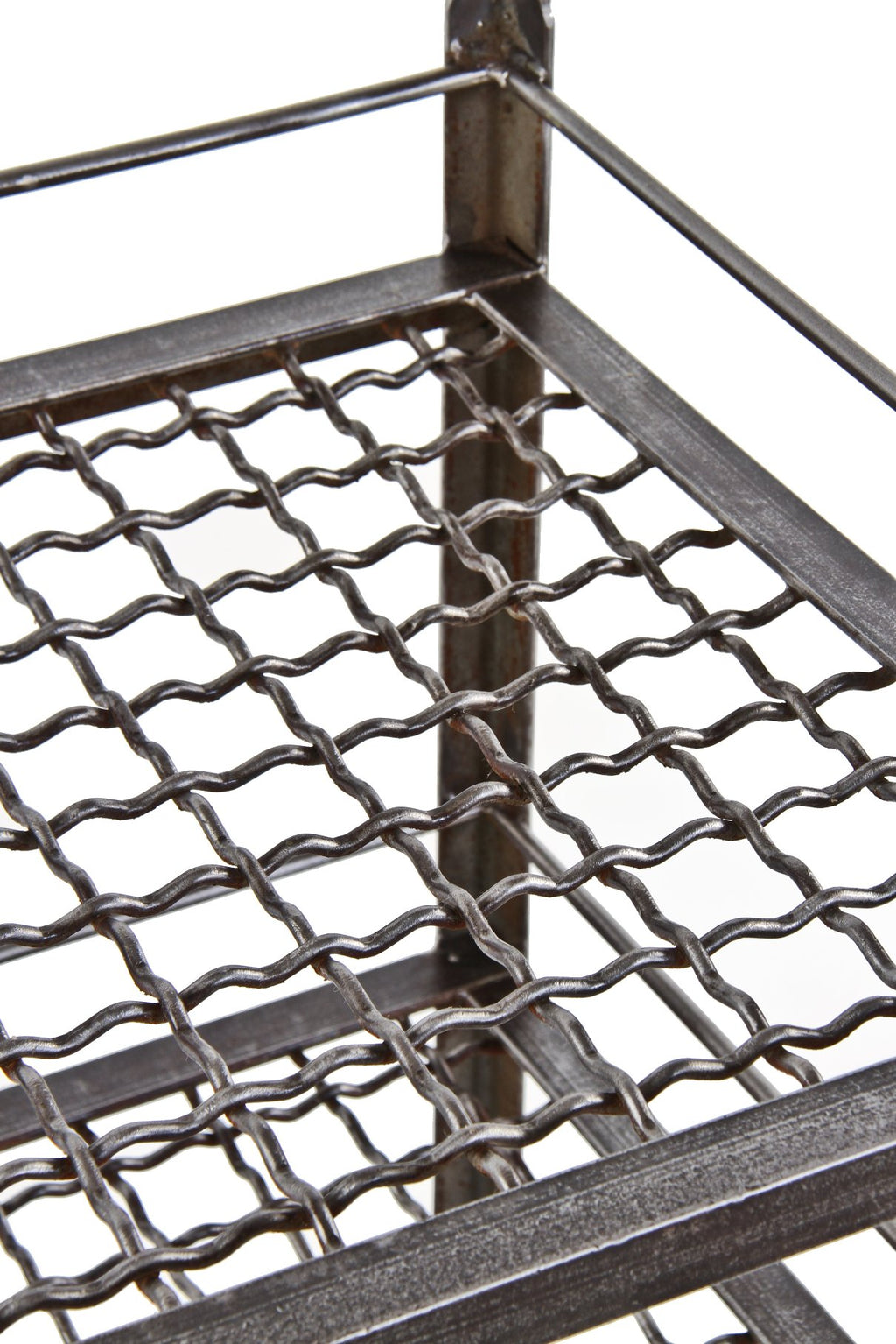 unusual late 1920's american antique industrial three-tier welded joint stationary rack or stand with heavy gauge corrugated wire shelves and rail guards